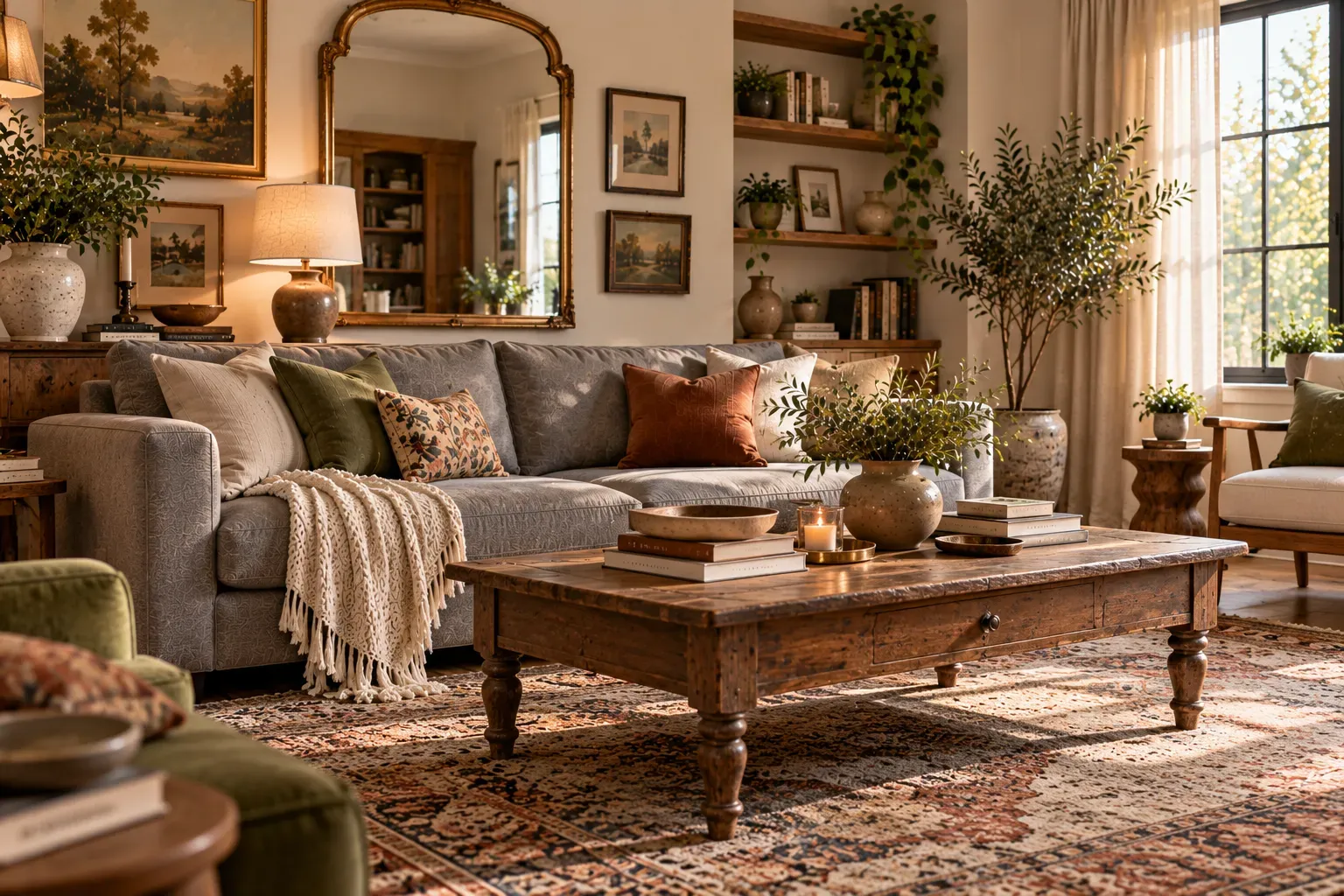 Modern grey sofa paired with vintage wooden furniture and an antique inspired mirror