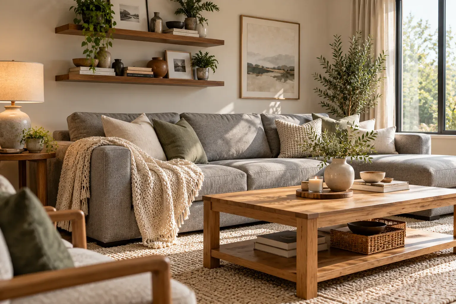 Modern grey couch beside natural oak furniture in a warm inviting living room