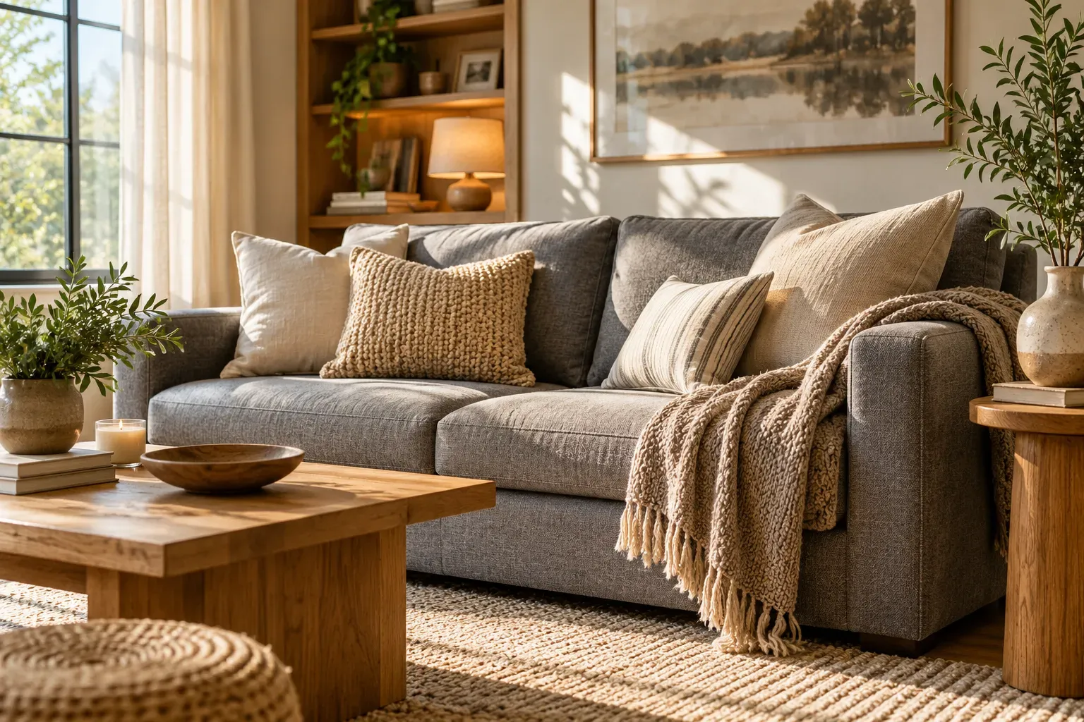 Grey fabric couch styled with cream pillows and warm neutral textured throws
