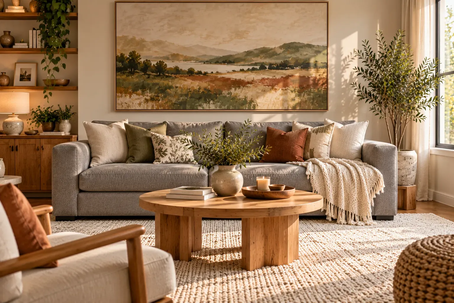 Grey sofa beneath oversized abstract landscape artwork in a softly decorated living room