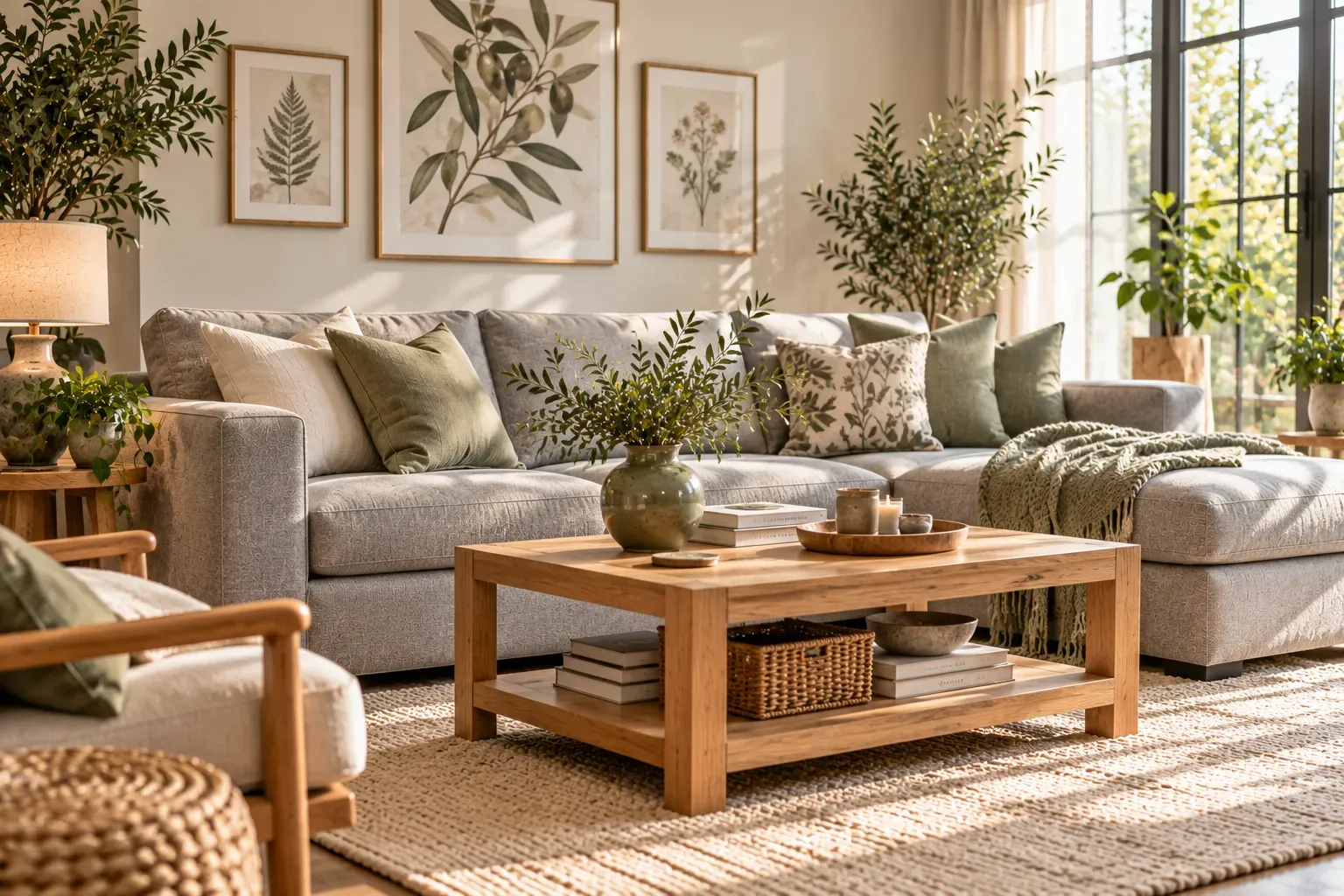 Grey living room sofa decorated with sage green cushions and botanical artwork