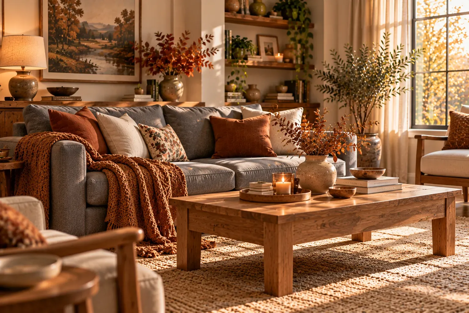 Grey sofa styled with autumn rust cushions a cozy throw and seasonal accessories