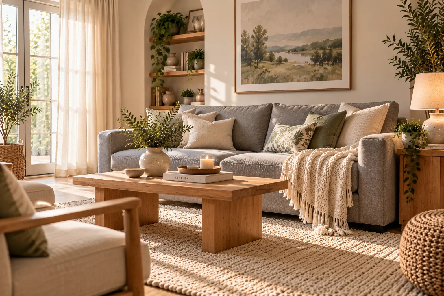 Grey couch beside tall ivory linen curtains in a bright welcoming living room