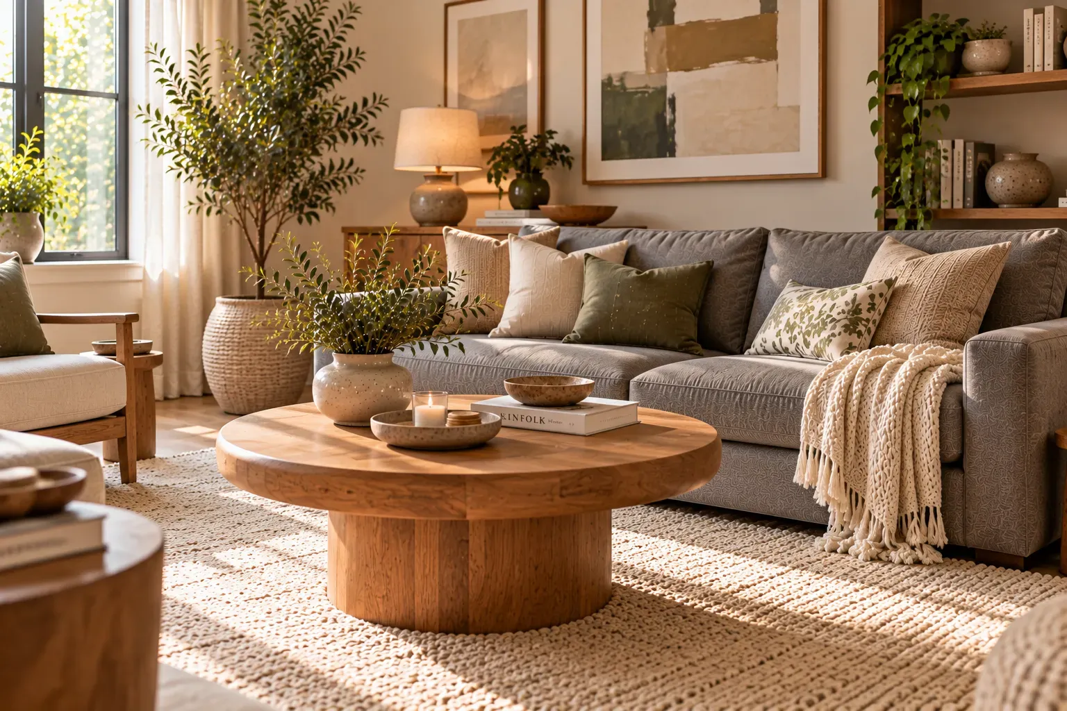 Contemporary grey couch centered around a sculptural round wooden coffee table