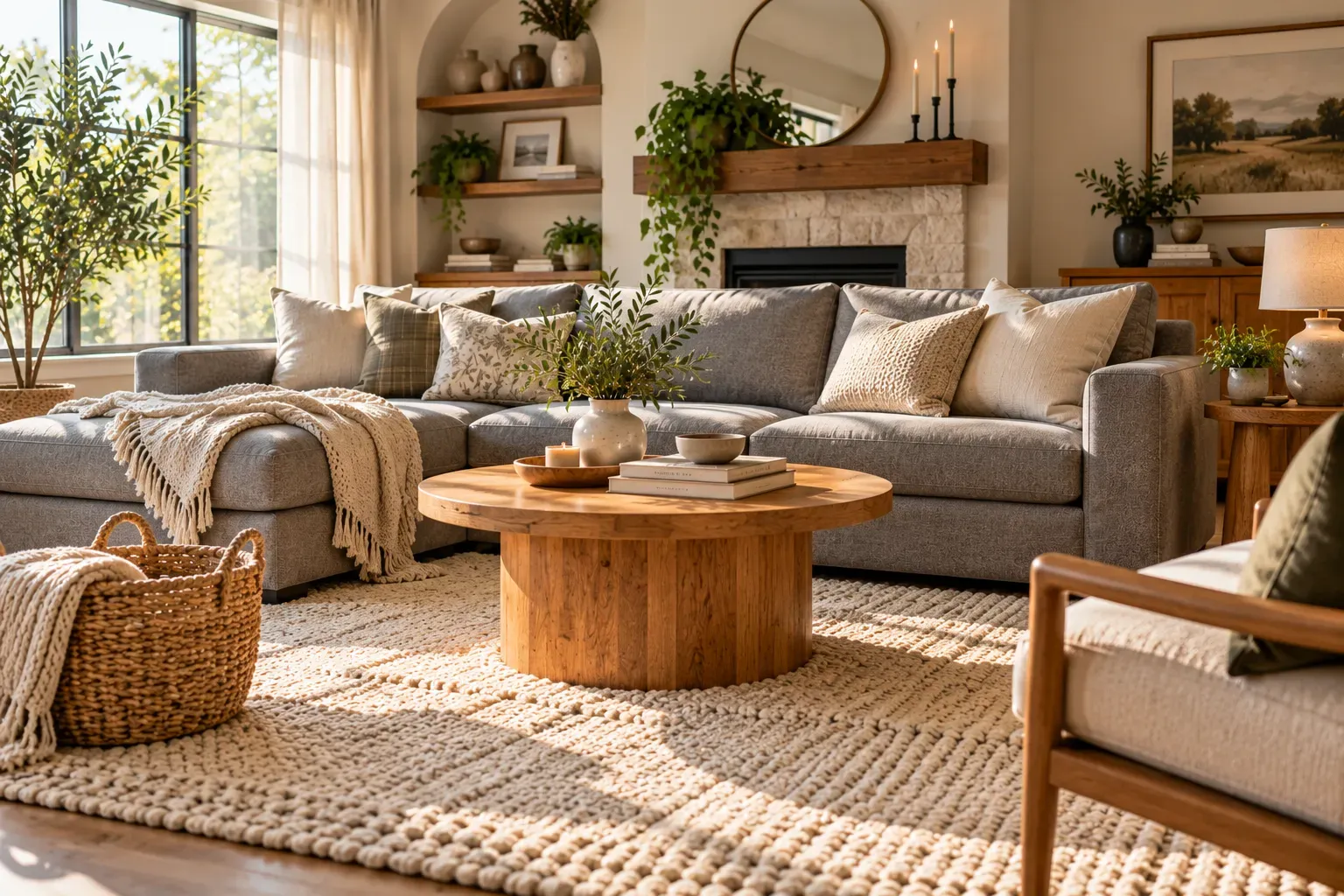 Comfortable grey sofa anchored by a large cream textured rug and wooden coffee table