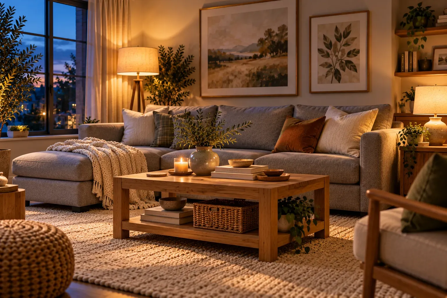 Cozy grey couch living room illuminated by warm lamps and soft evening lighting