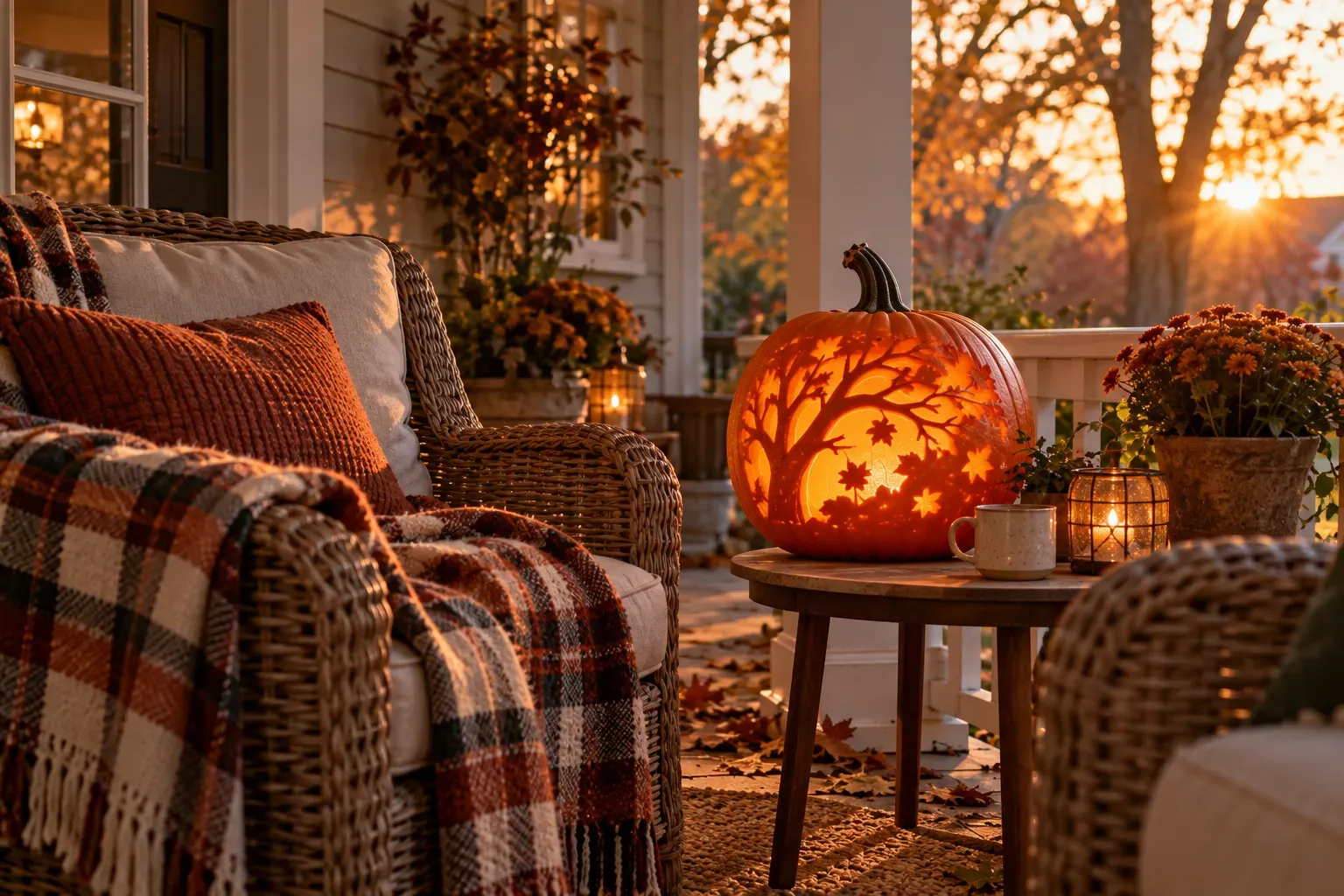 Carved pumpkin with autumn tree branch silhouette design in a covered porch seating area