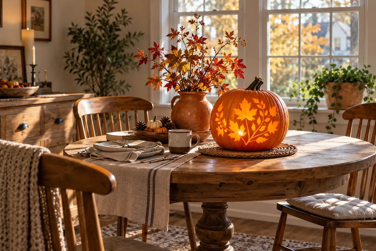 Carved pumpkin with botanical leaf silhouette carving design in a sunlit dining nook