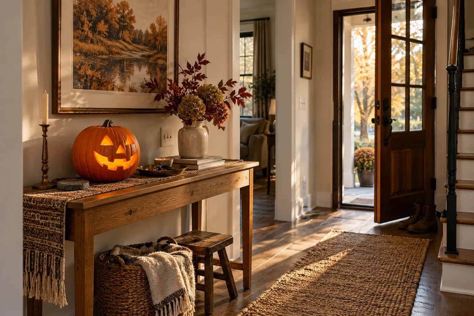 Carved pumpkin with classic grinning jack-o'-lantern design in an entryway console