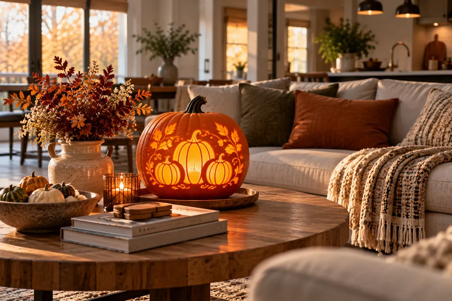 Carved pumpkin with coordinated mini pumpkin trio design on an open-plan living room coffee table