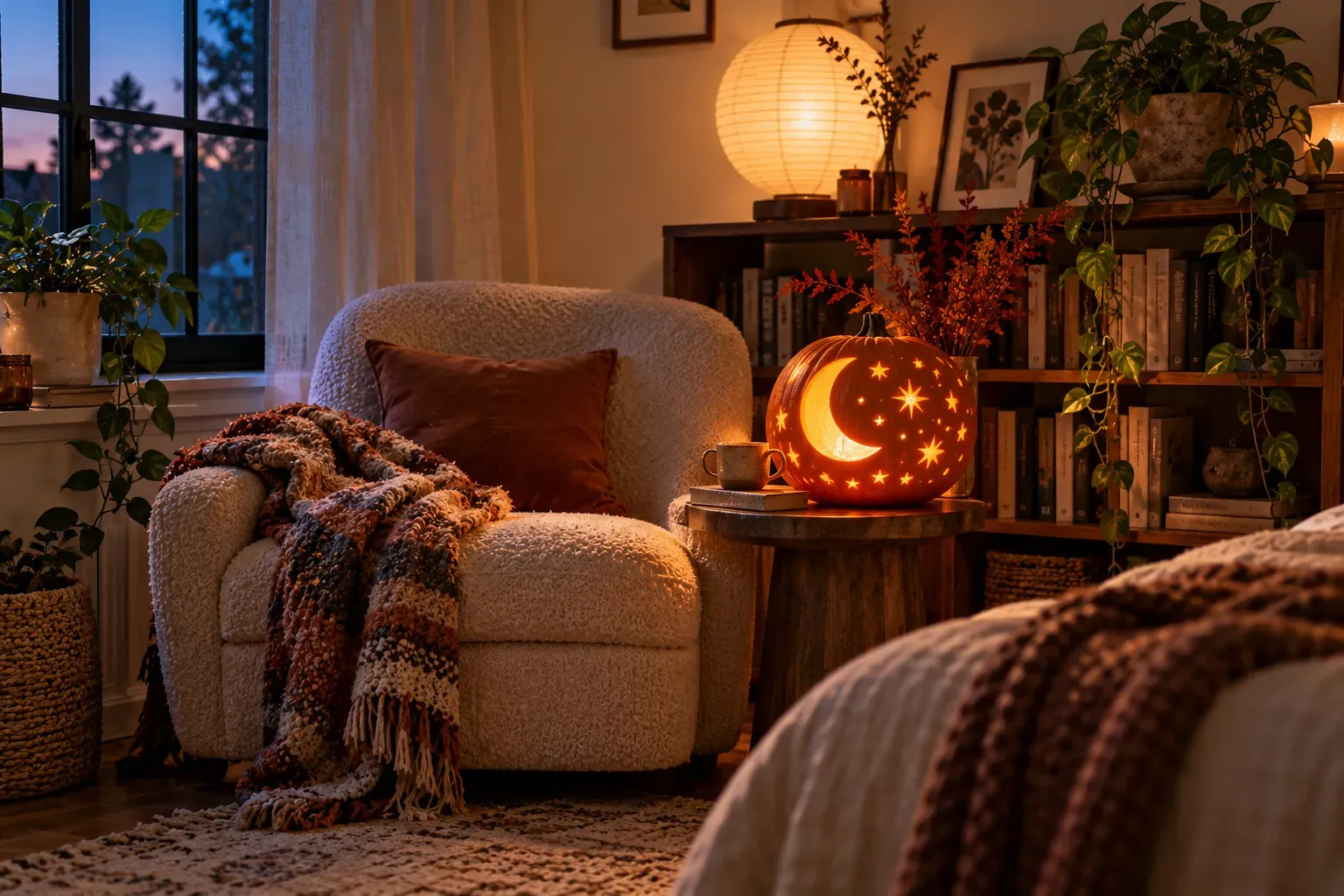 Carved pumpkin with crescent moon and night sky design in a bedroom reading corner