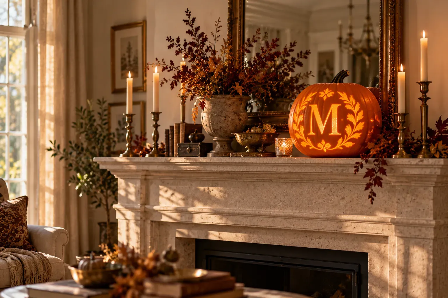 Carved pumpkin with elegant monogram pumpkin design on a formal living room mantel