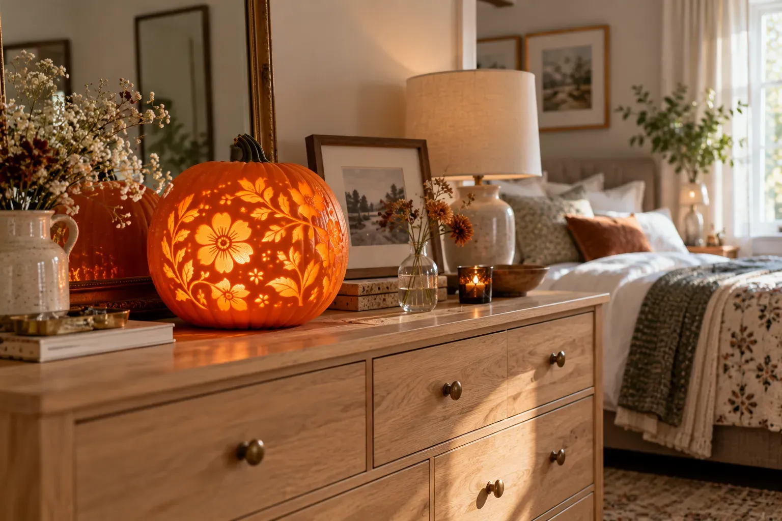 Carved pumpkin with floral lace-inspired pumpkin design on a guest bedroom dresser