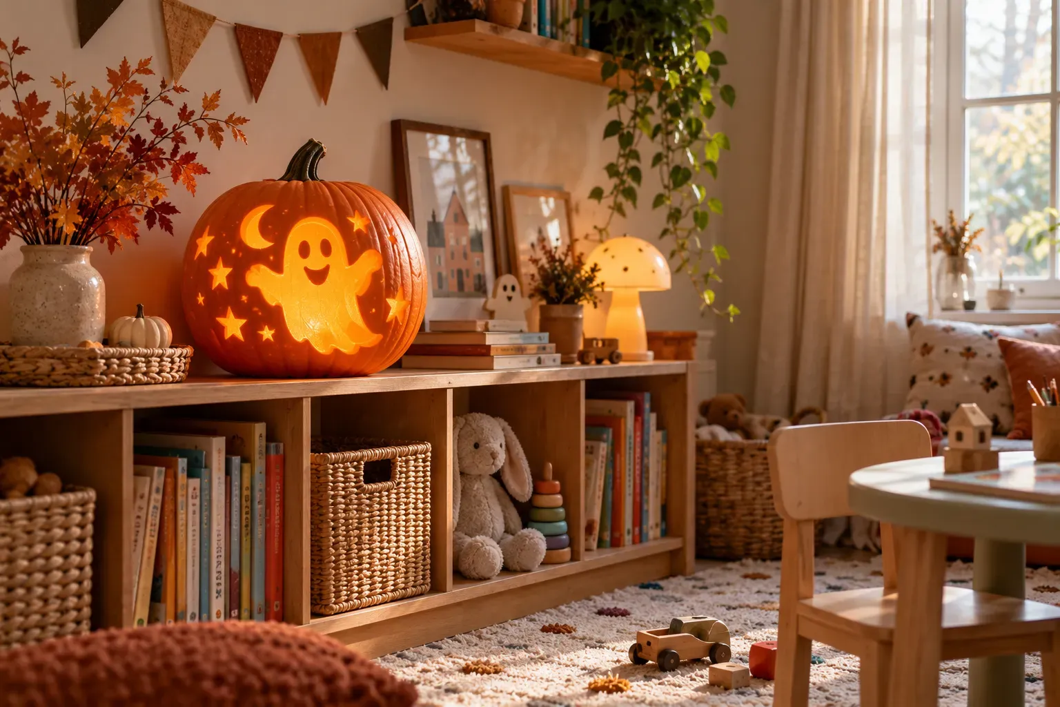 Carved pumpkin with friendly ghost silhouette design on a children's playroom shelf