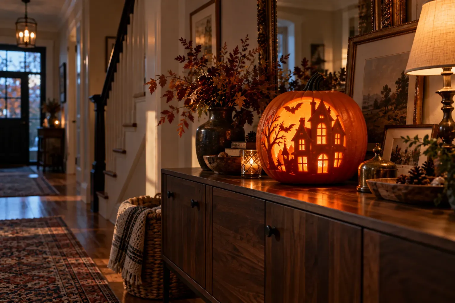 Carved pumpkin with haunted house window scene design on a hallway sideboard
