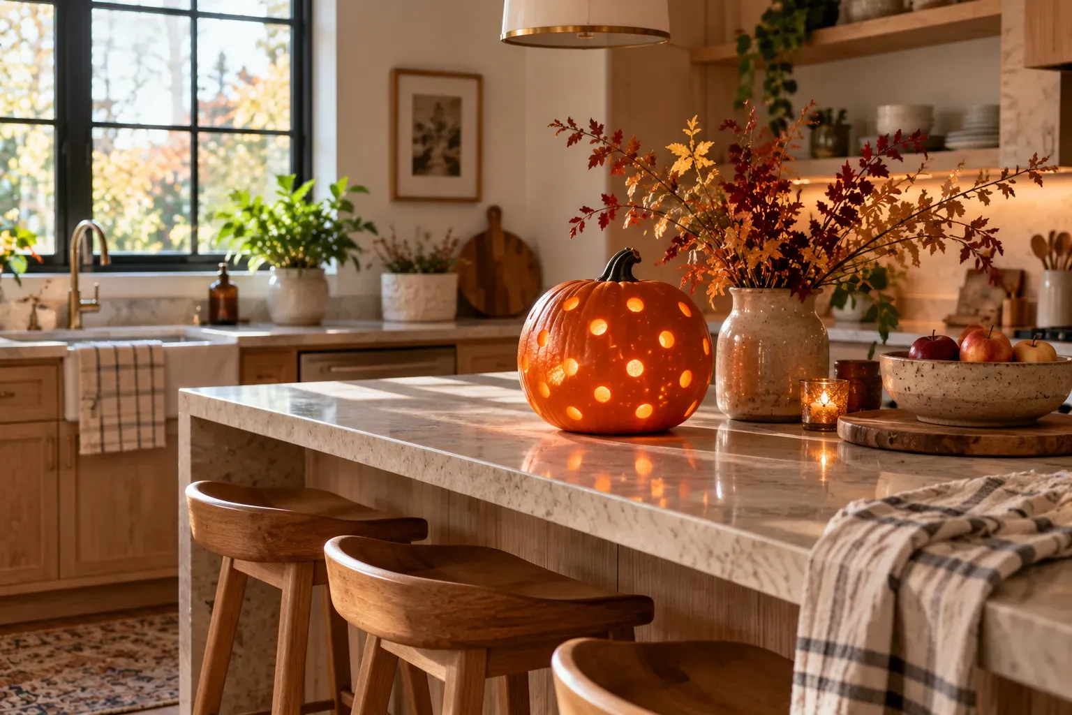 Carved pumpkin with minimal polka-dot glow pumpkin design on a modern kitchen breakfast bar
