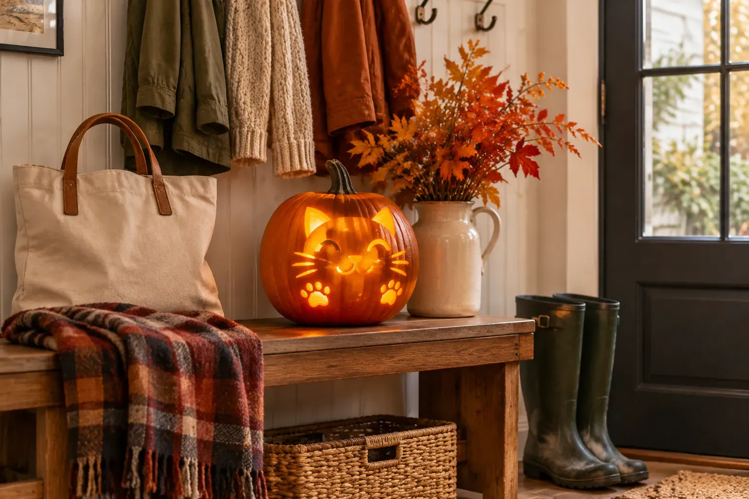 Carved pumpkin with playful cat face pumpkin design on a mudroom bench