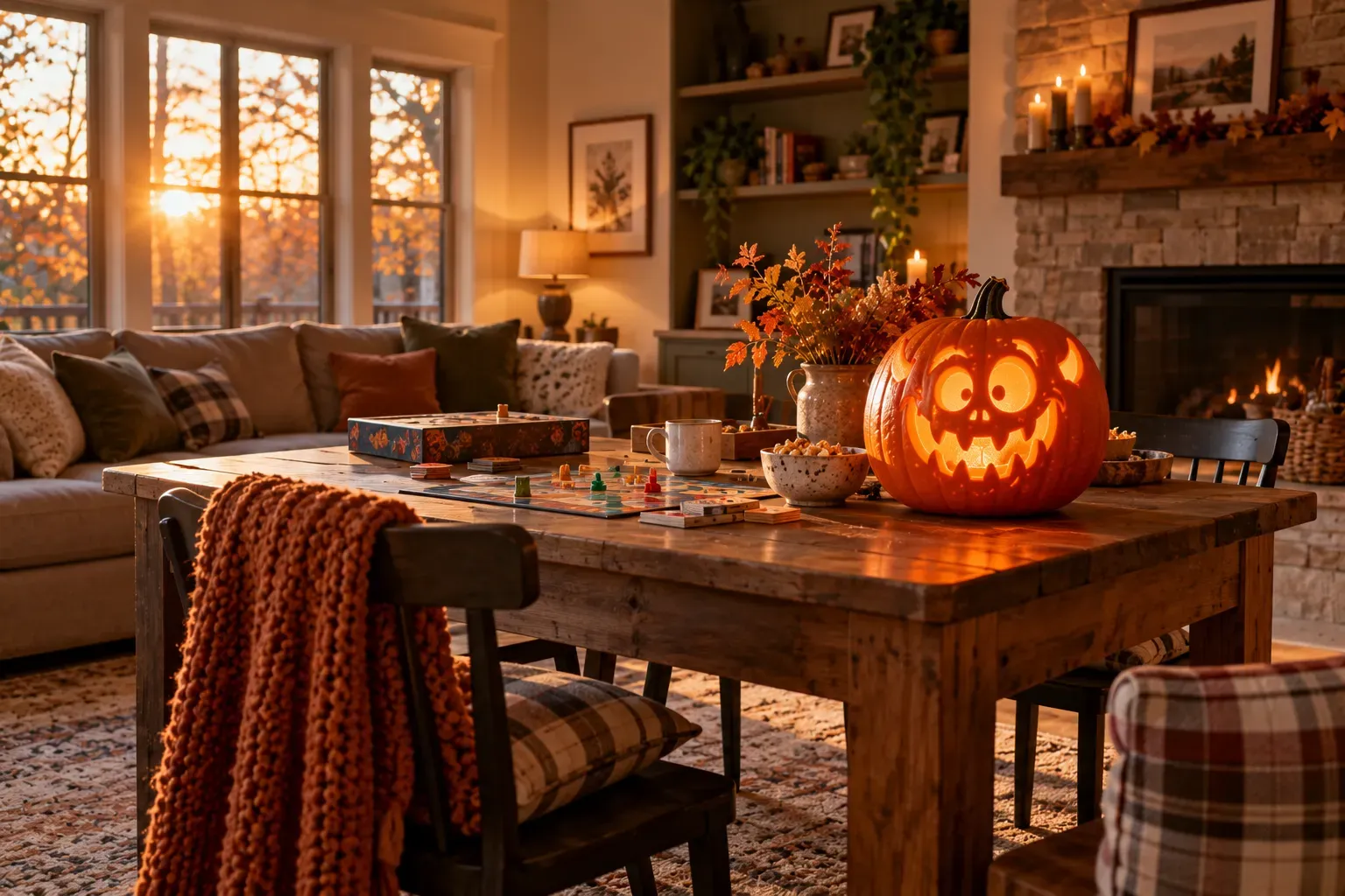 Carved pumpkin with silly monster expression design at a family room game table