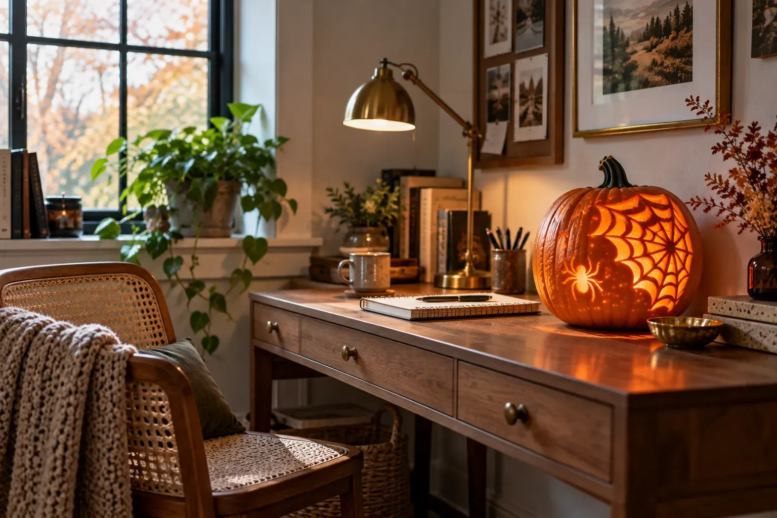 Carved pumpkin with spiderweb corner carving design on a home office desk corner