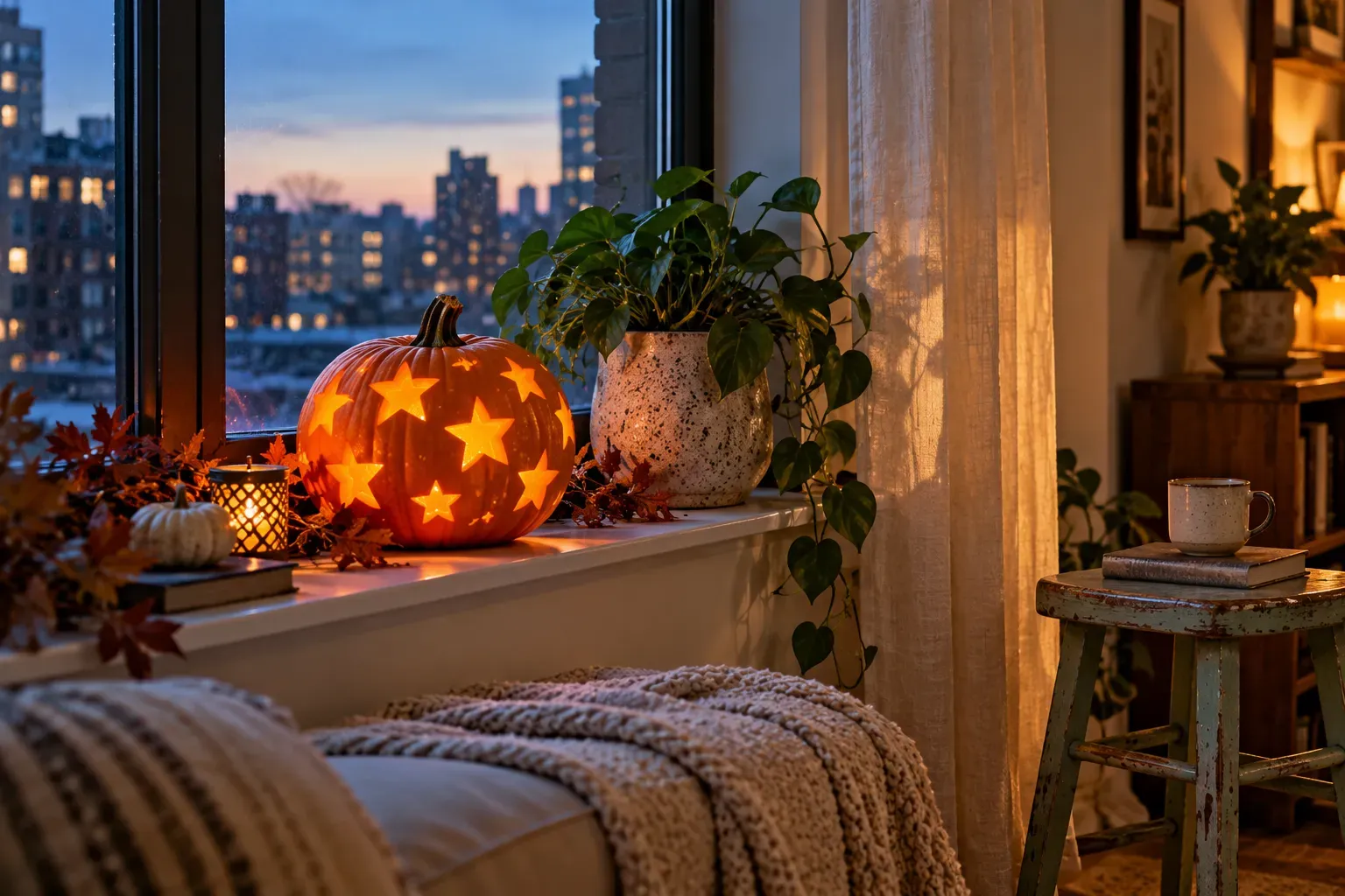 Carved pumpkin with tiny star-cut pumpkin lanterns design on an apartment window ledge