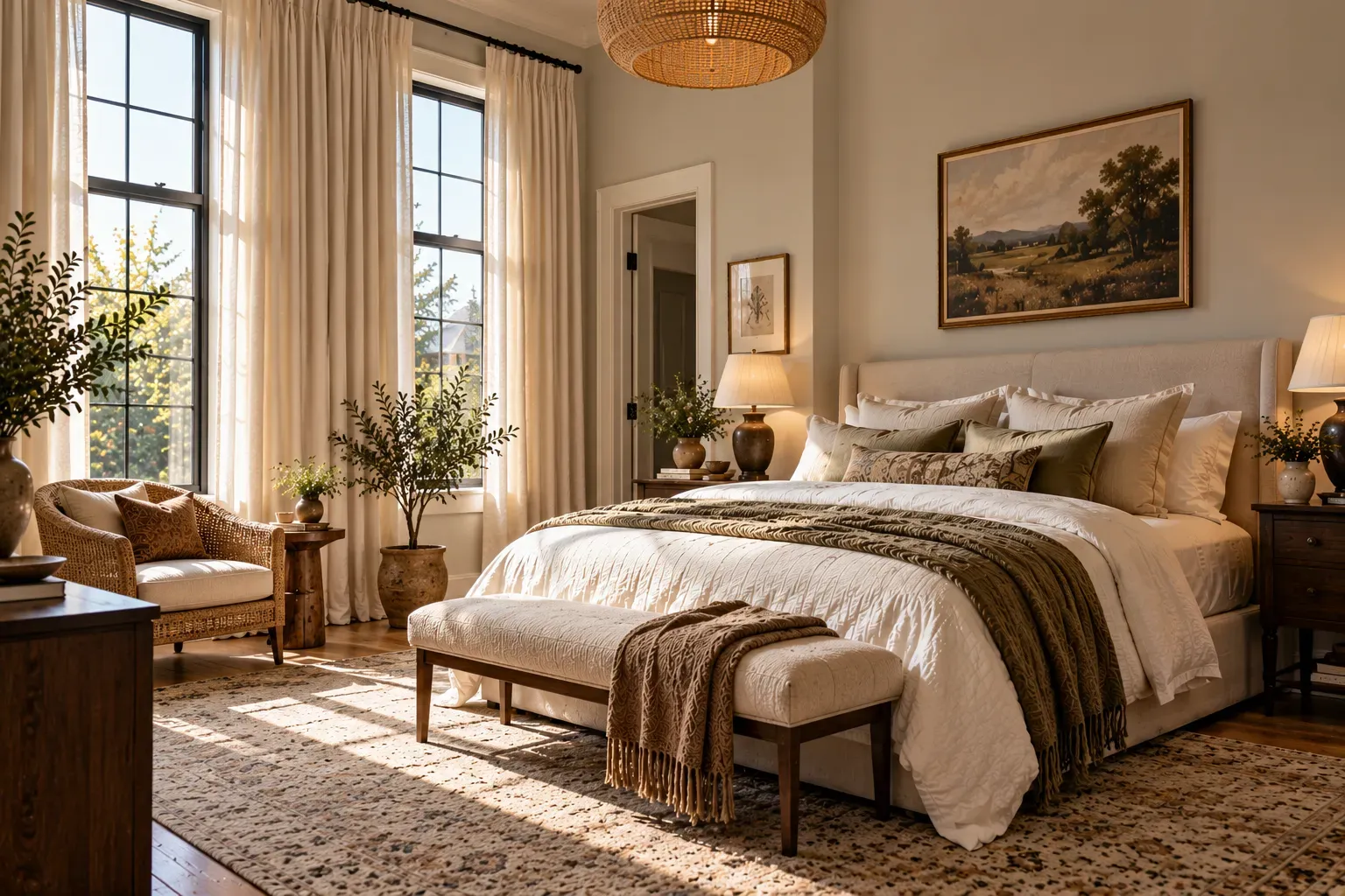 Realistic master bedroom showing hang floor-length curtains with comfortable furnishings and natural daylight