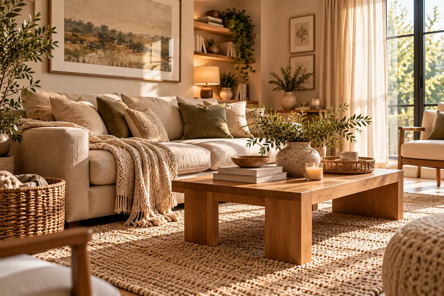 Organized modern living room featuring slim walnut sideboard and neatly styled floating shelves