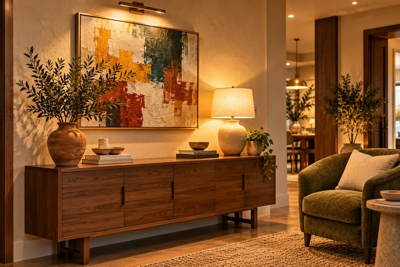 Elegant interior showcasing natural artwork colors and rich wood under quality lighting