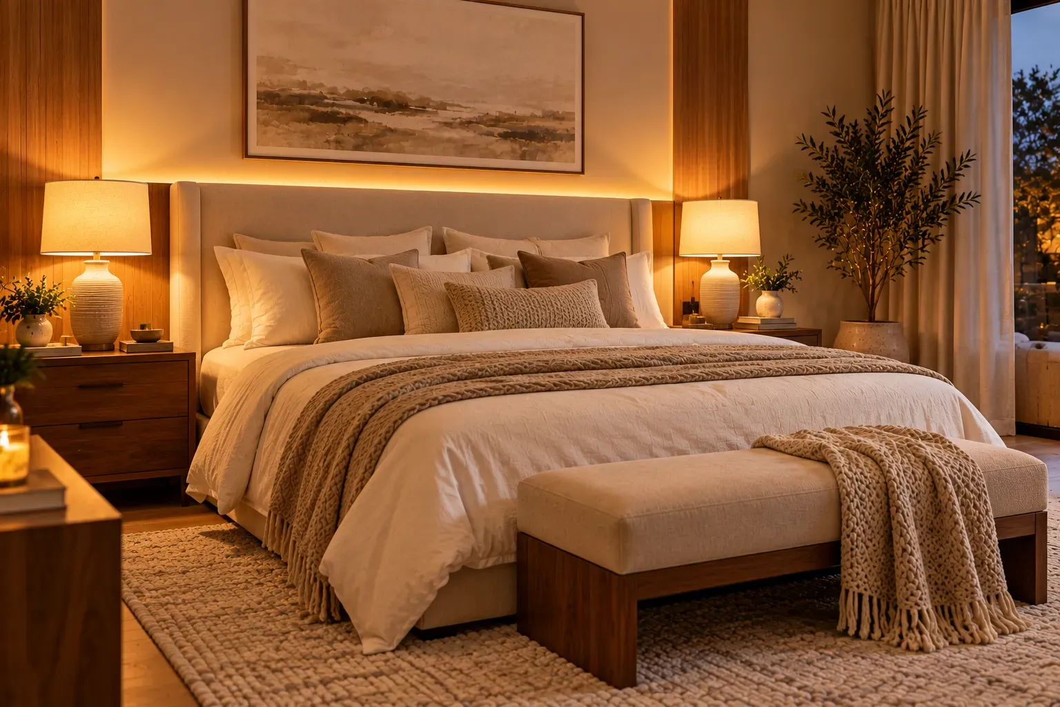 Luxurious hotel inspired bedroom with glowing bedside lamps and soft neutral bedding
