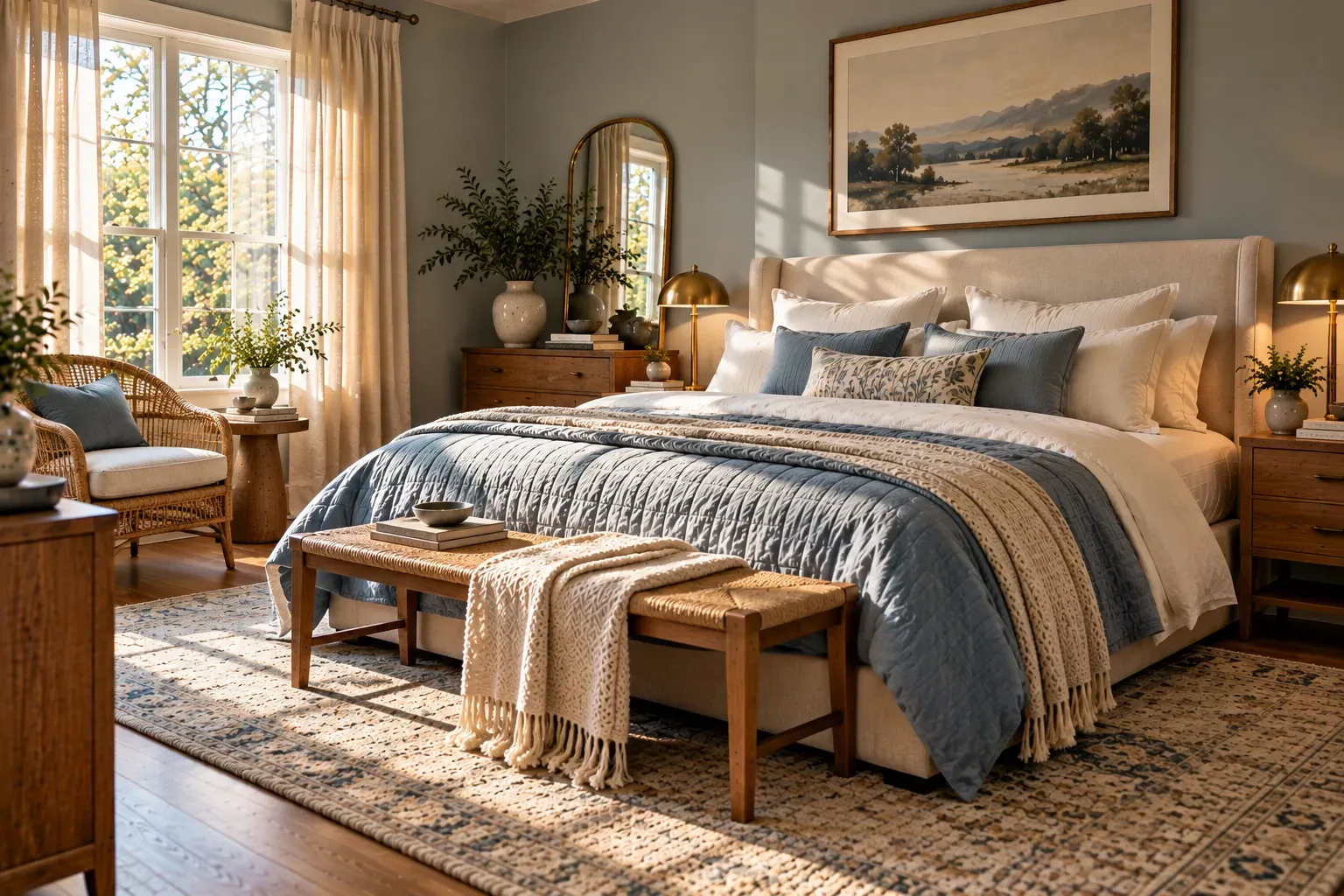 Warm residential bedroom featuring dusty blue quilt and cream bed, rattan chair, brass lamp in