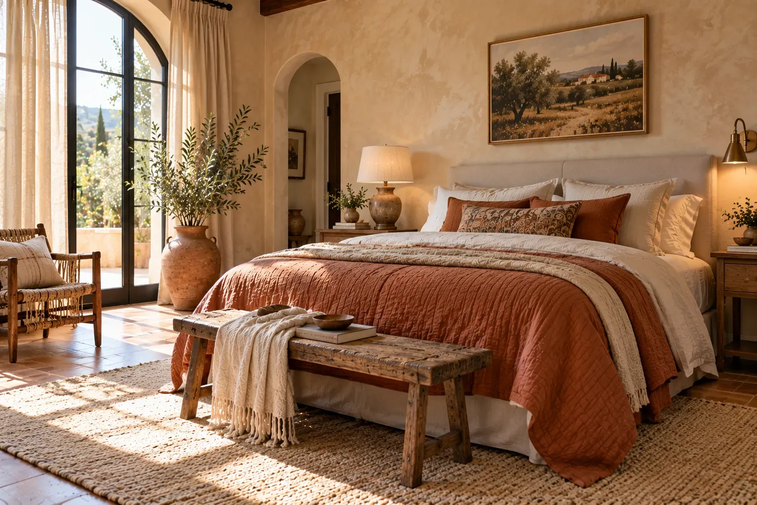 Realistic master bedroom showing introduce earthy terracotta with comfortable furnishings and natural daylight