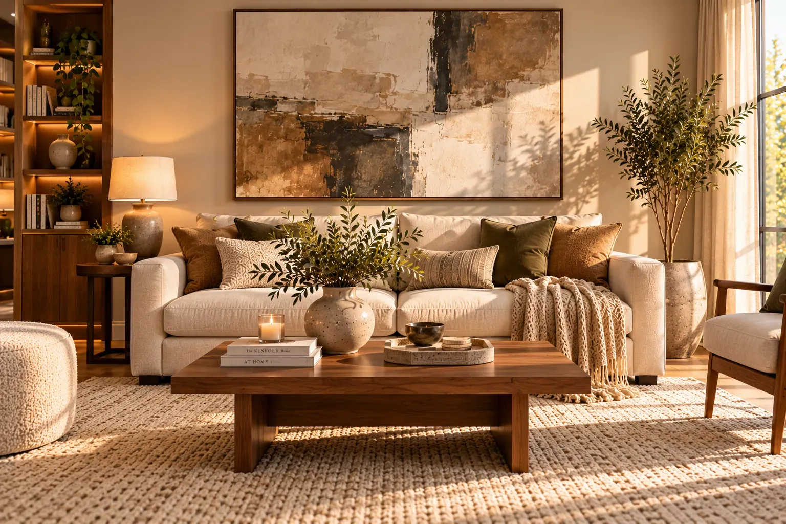 Elegant compact living room with oversized ivory rug, charcoal sofa, and oak furniture