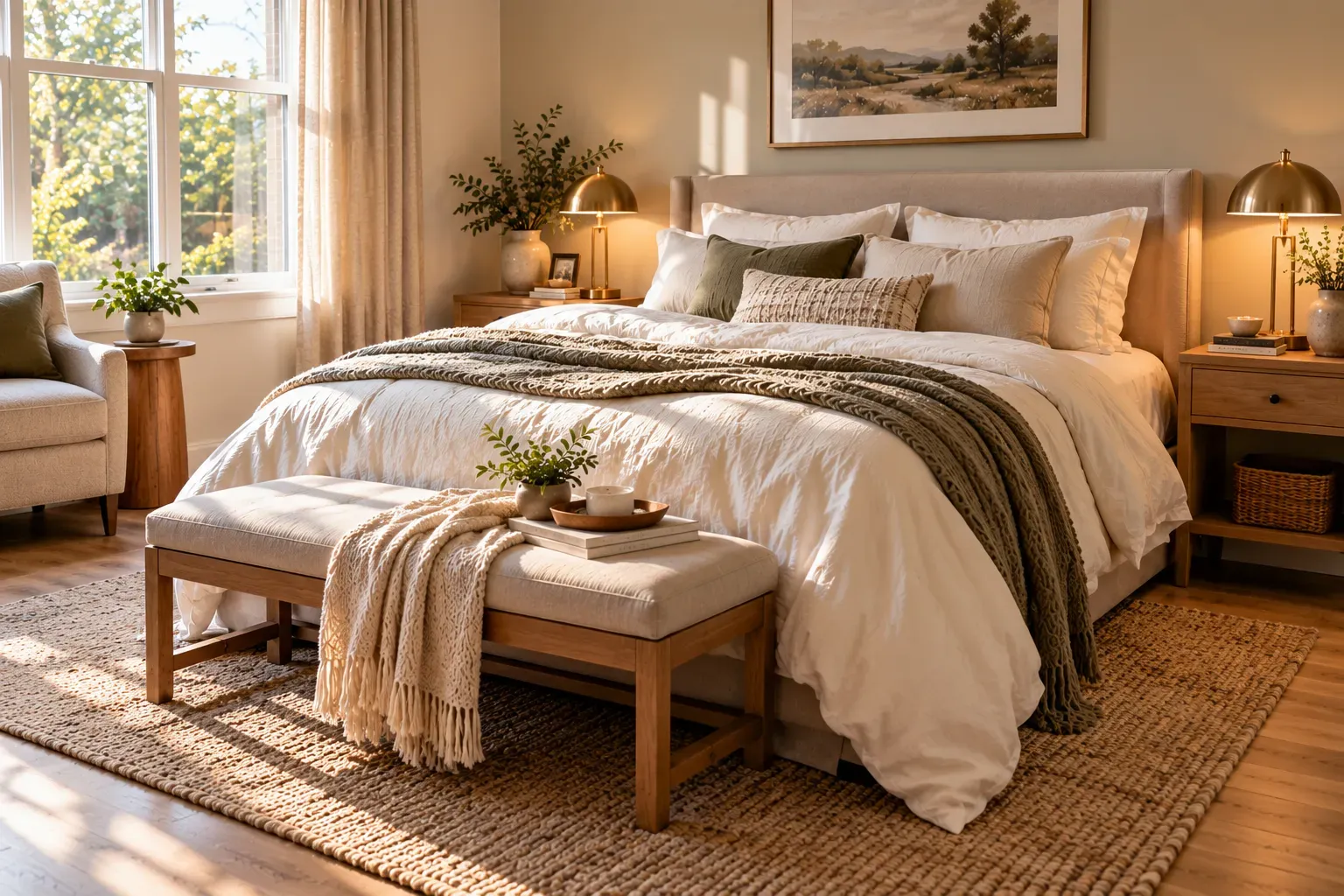 Photorealistic queen bedroom showing layer bedding for a comfortable finished look with practical furniture