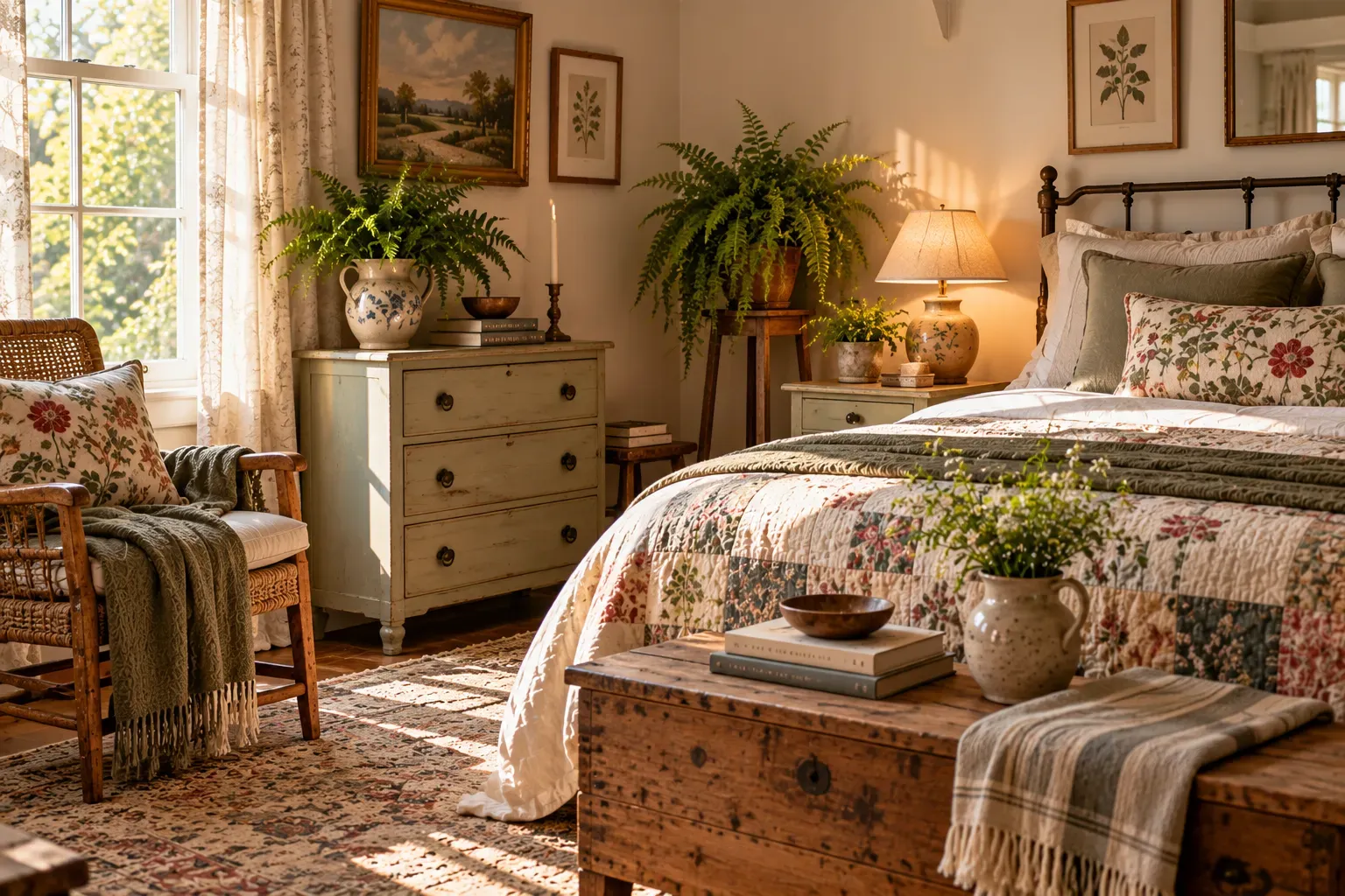 Layer Ferns in a Soft Cottage Bedroom styled with natural foliage and practical bedroom furnishings