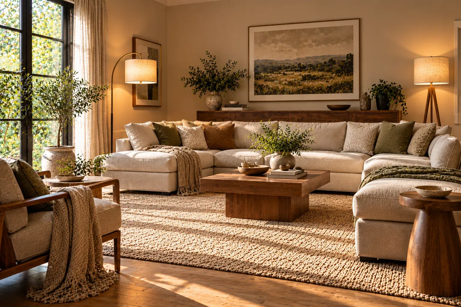 Two complementary floor lamps at opposite ends in a welcoming, naturally lit contemporary residential living