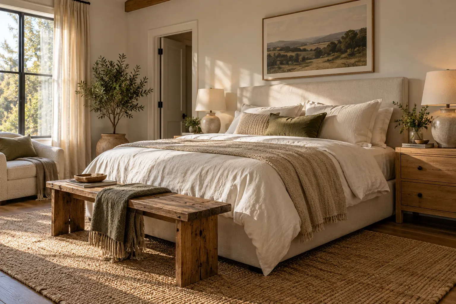 Realistic master bedroom showing layer warm neutrals with comfortable furnishings and natural daylight