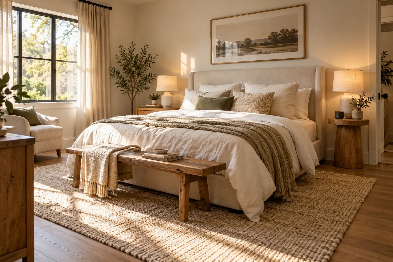 Warm residential bedroom featuring ivory upholstered bed and linen duvet, woven wool rug, oak bedside