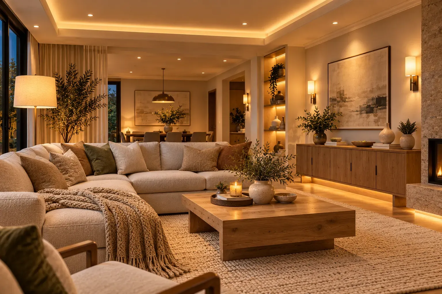 Stylish living room displaying layered ceiling lamps and accent lighting across furniture