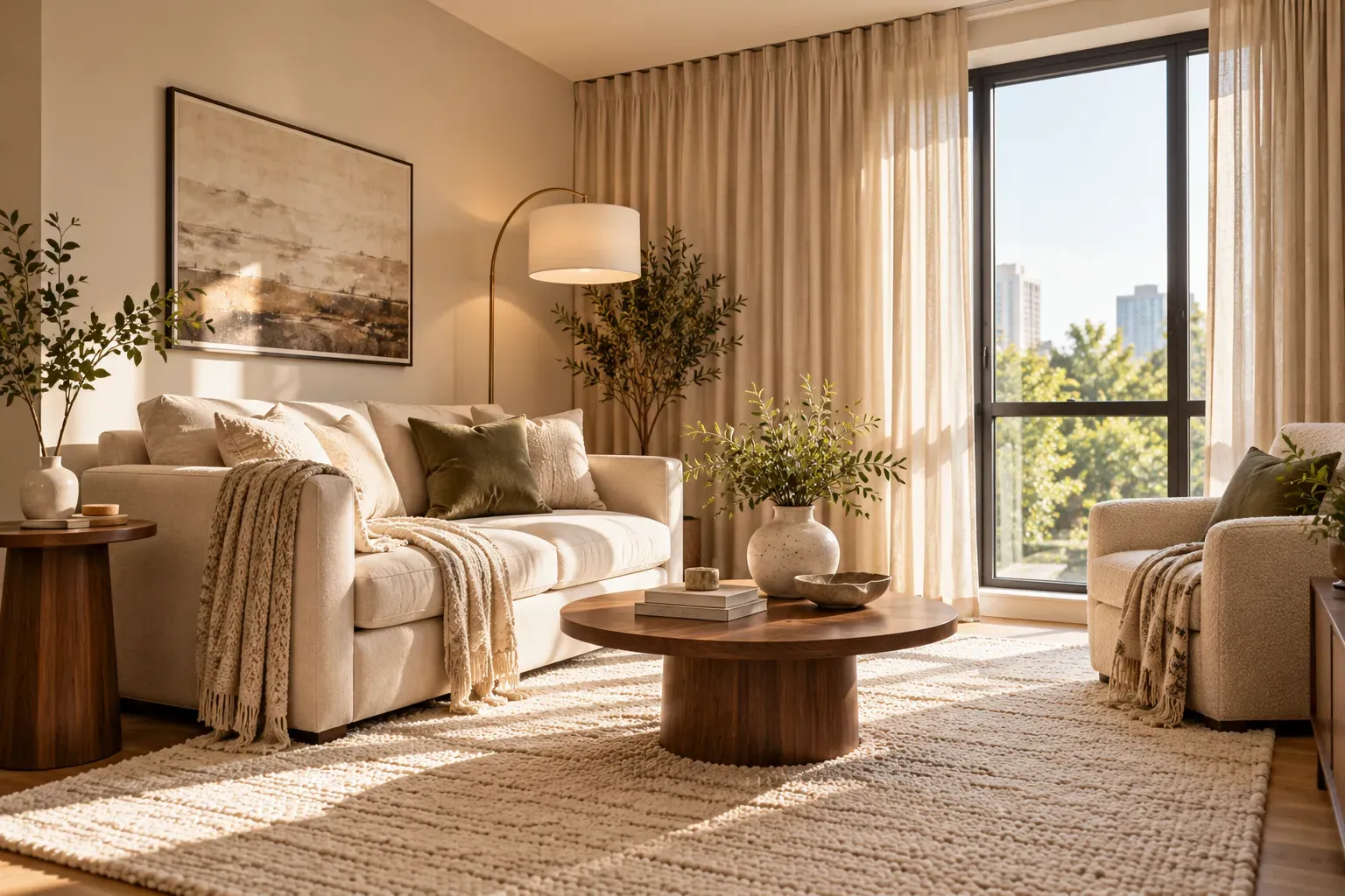 Cozy contemporary living room illuminated by brass floor lamp and warm accent lighting