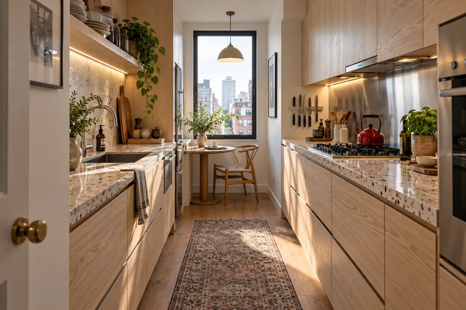 Pale ash cabinetry making a compact apartment kitchen feel bright and organized