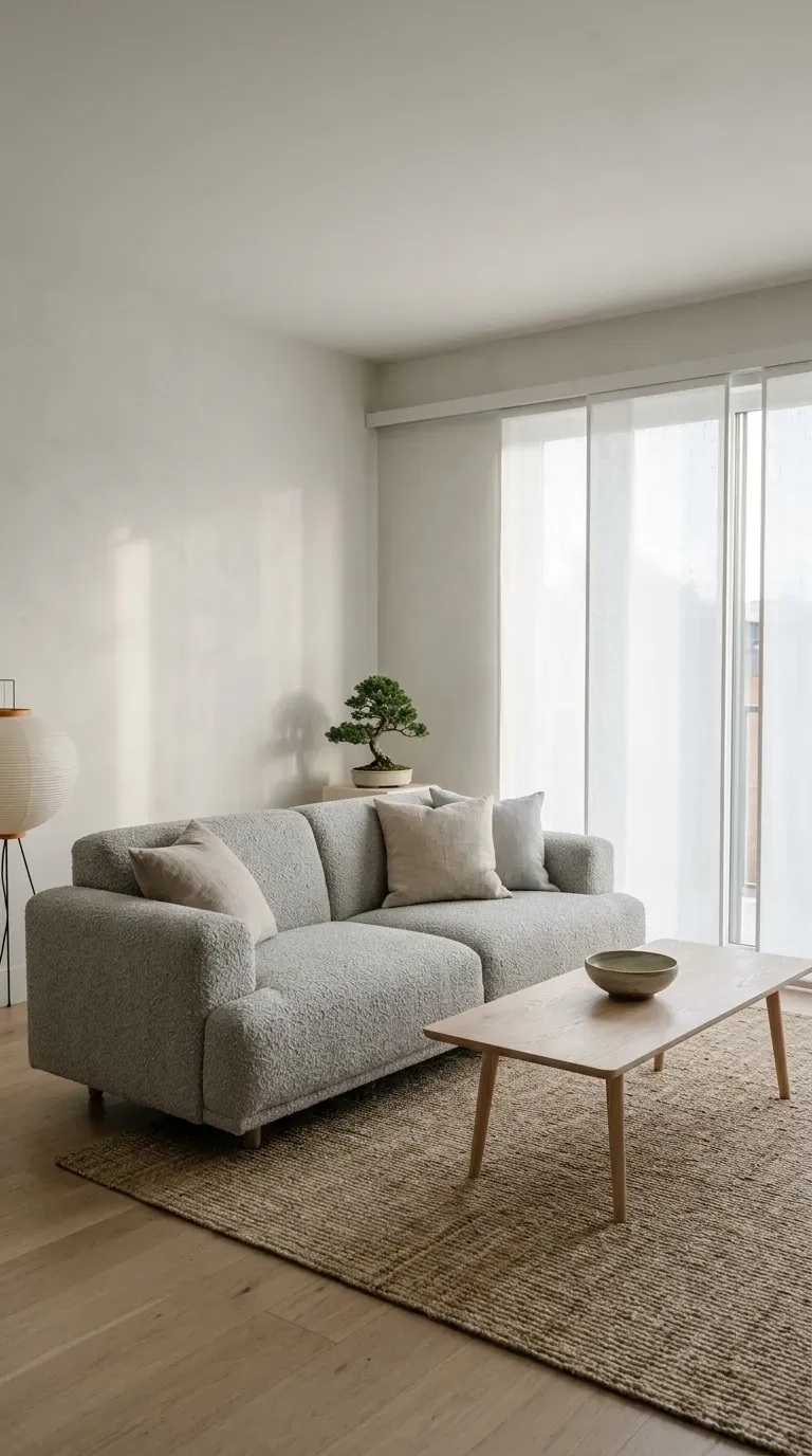 Small living room with light grey sofa facing large arched brass floor mirror reflecting window light