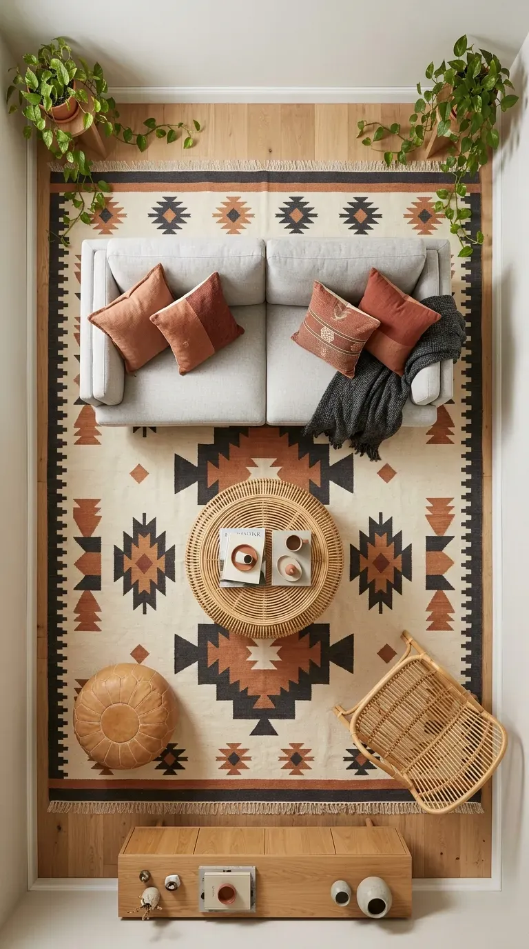 Overhead editorial shot of small living room with grey sofa on bold geometric cream and terracotta rug