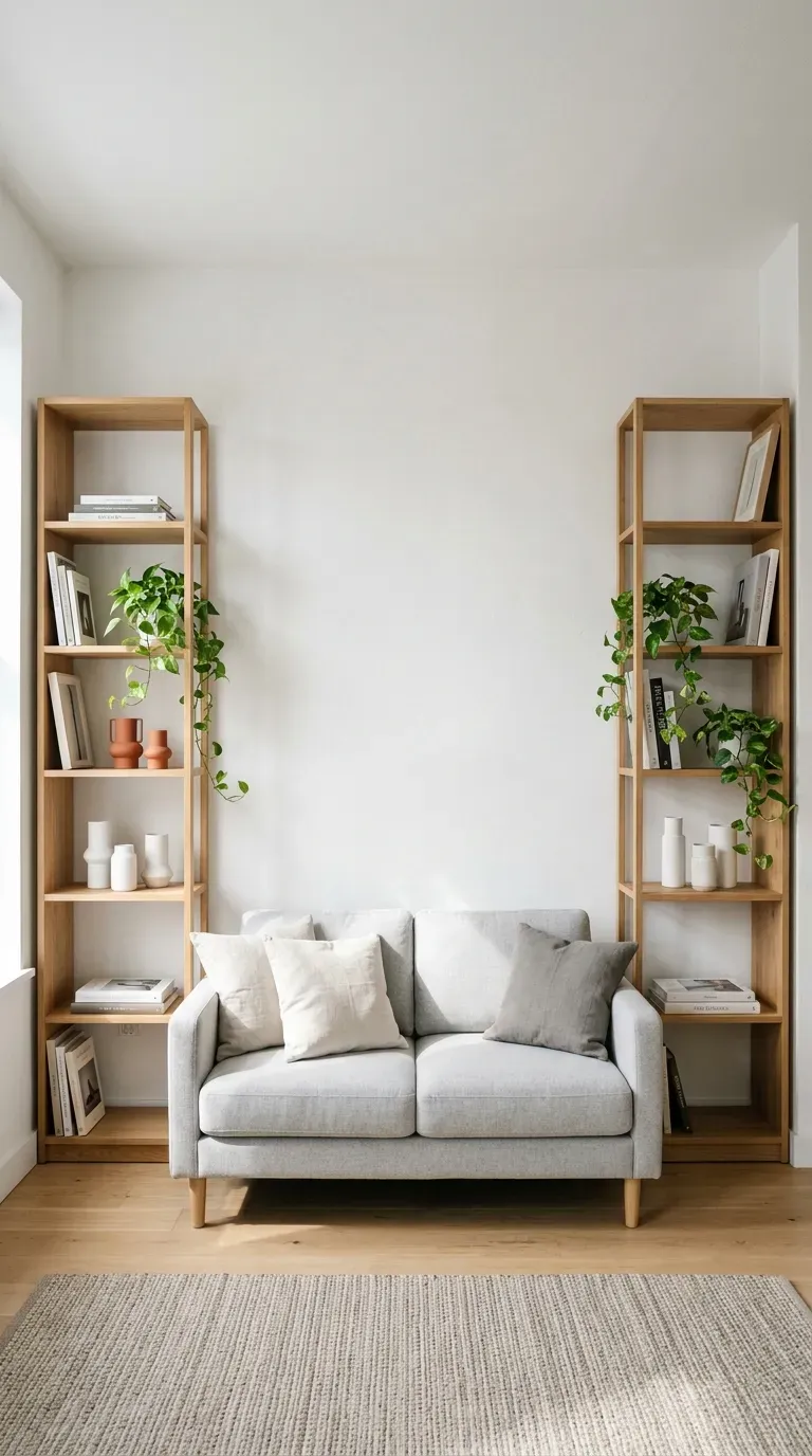 Light grey sofa flanked symmetrically by two tall slim shelving units with ceramics and trailing plants