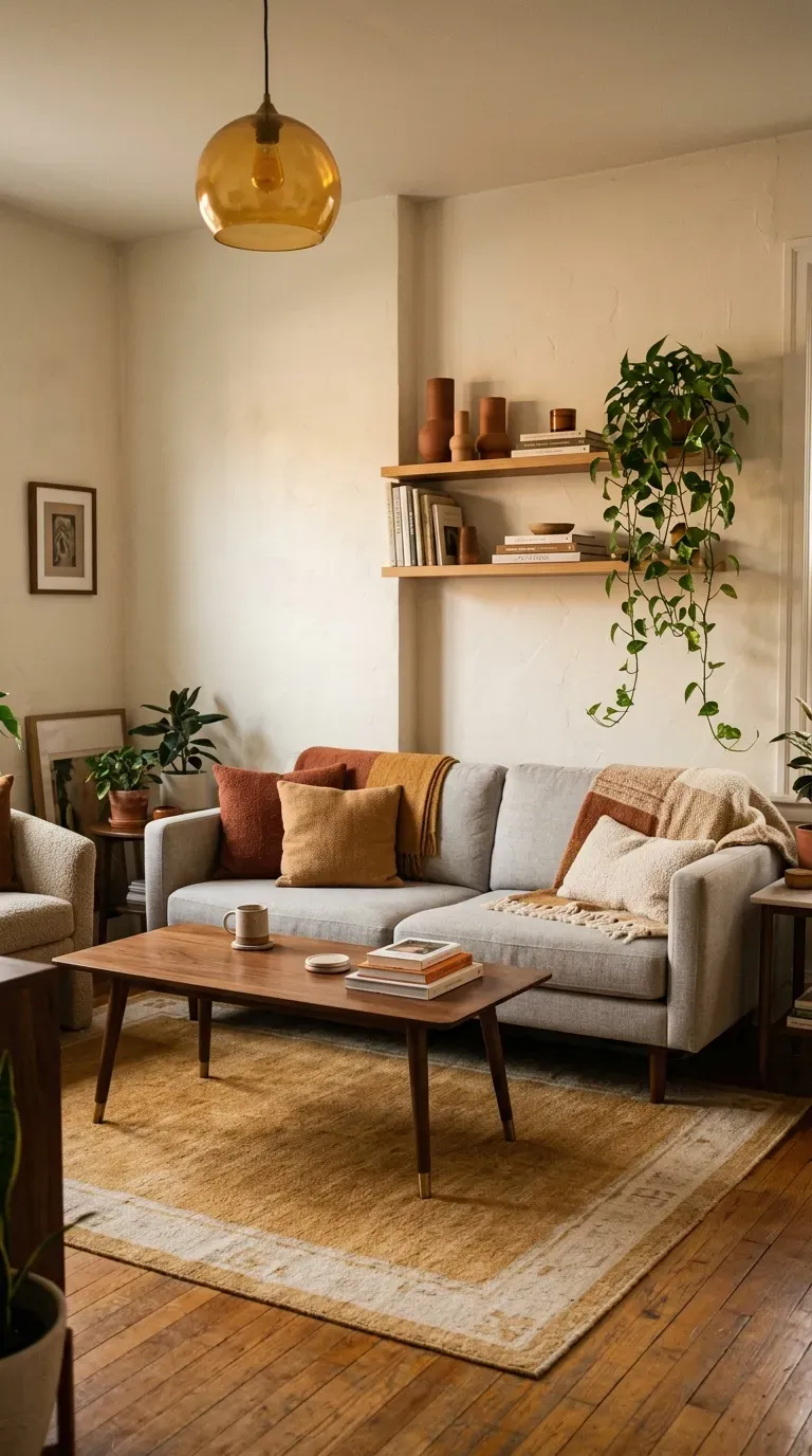 Warm small living room with grey sofa, walnut coffee table, oak shelves, and ochre wool rug