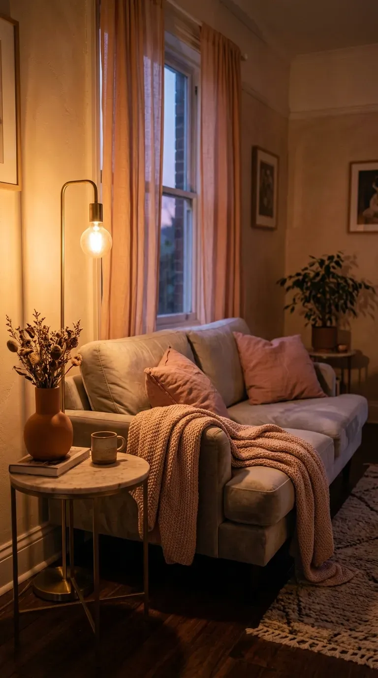 Cosy small living room with grey velvet sofa, blush cushions, terracotta vase, and Edison lamp
