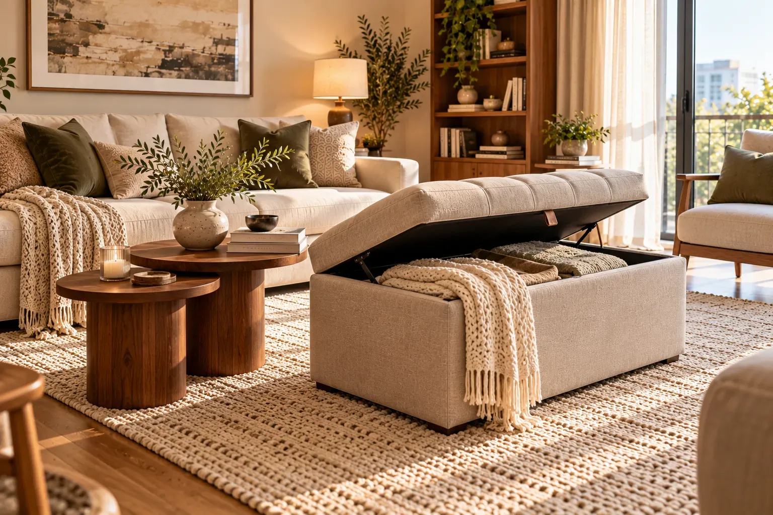Beautiful oak coffee table styled with books, ceramic bowl, and sculptural decor