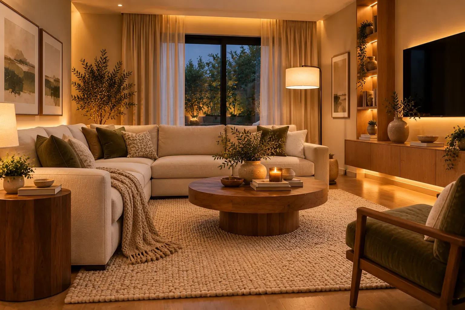 Beautifully balanced living room with concealed lights and glare free ambient illumination