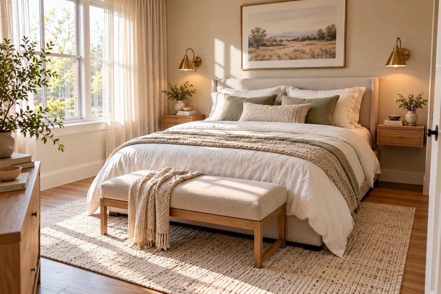 Photorealistic queen bedroom showing make a small bedroom feel more open with practical furniture