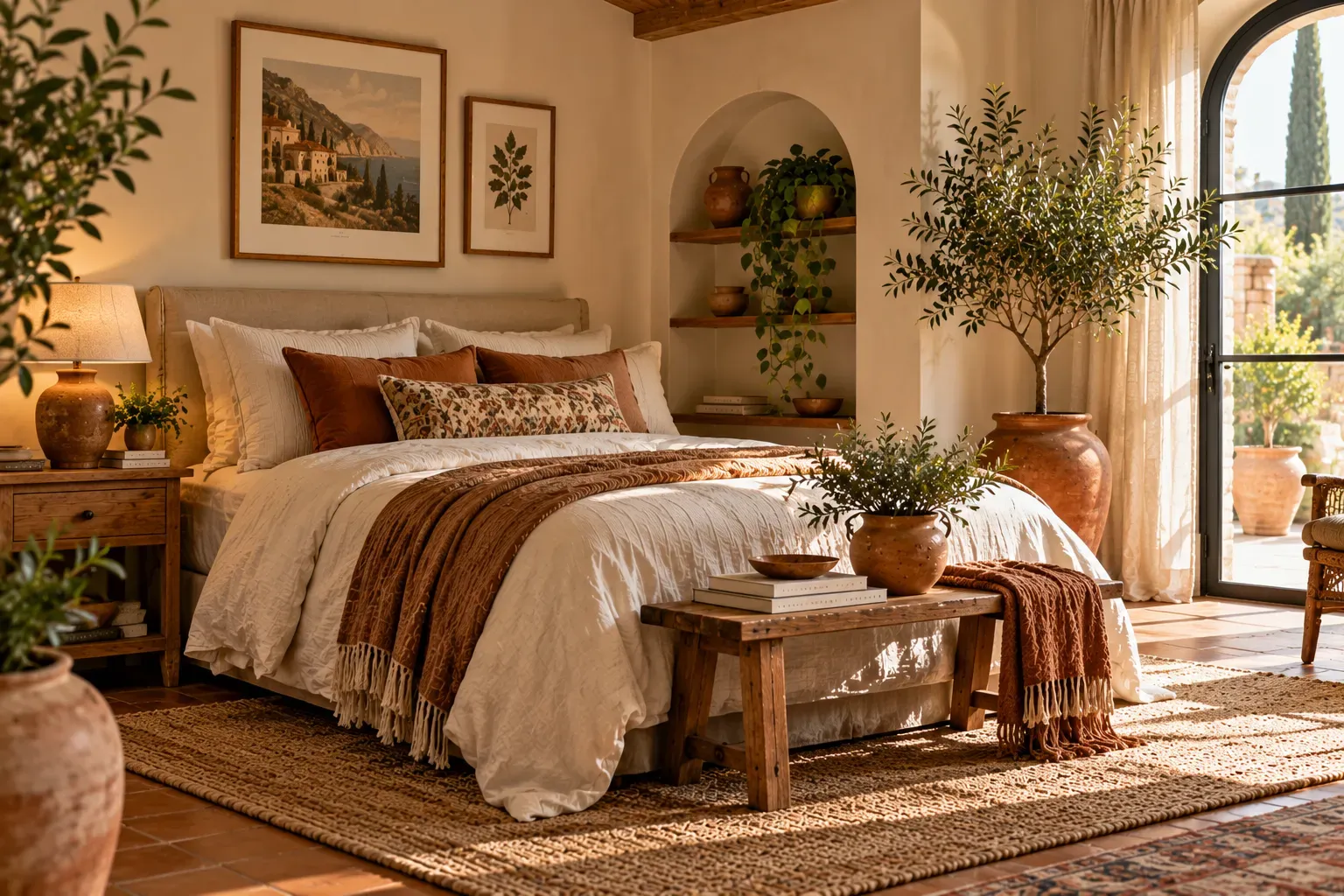 Make a Warm Terracotta and Green Palette styled with natural foliage and practical bedroom furnishings