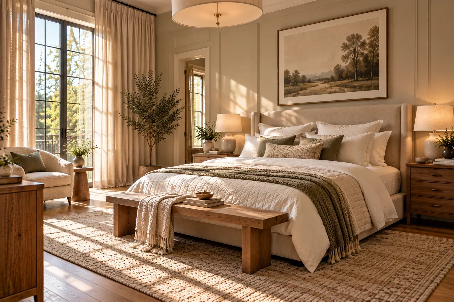 Warm residential bedroom featuring ceiling height curtains and upholstered bed, bedside lamp, wooden bench in