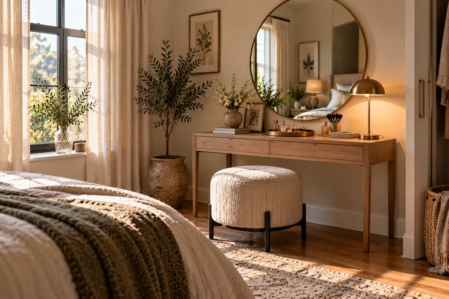 Realistic master bedroom showing make space for a dressing area with comfortable furnishings and natural daylight